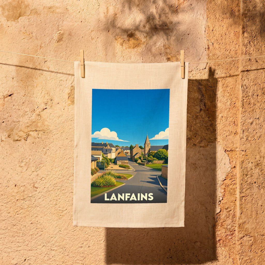 Torchon souvenir de la ville de Lanfains avec une illustration stylisée.
