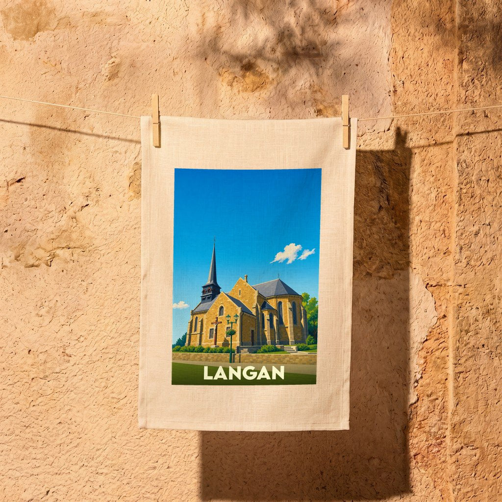 Torchon souvenir de la ville de Langan avec une illustration stylisée de son église.