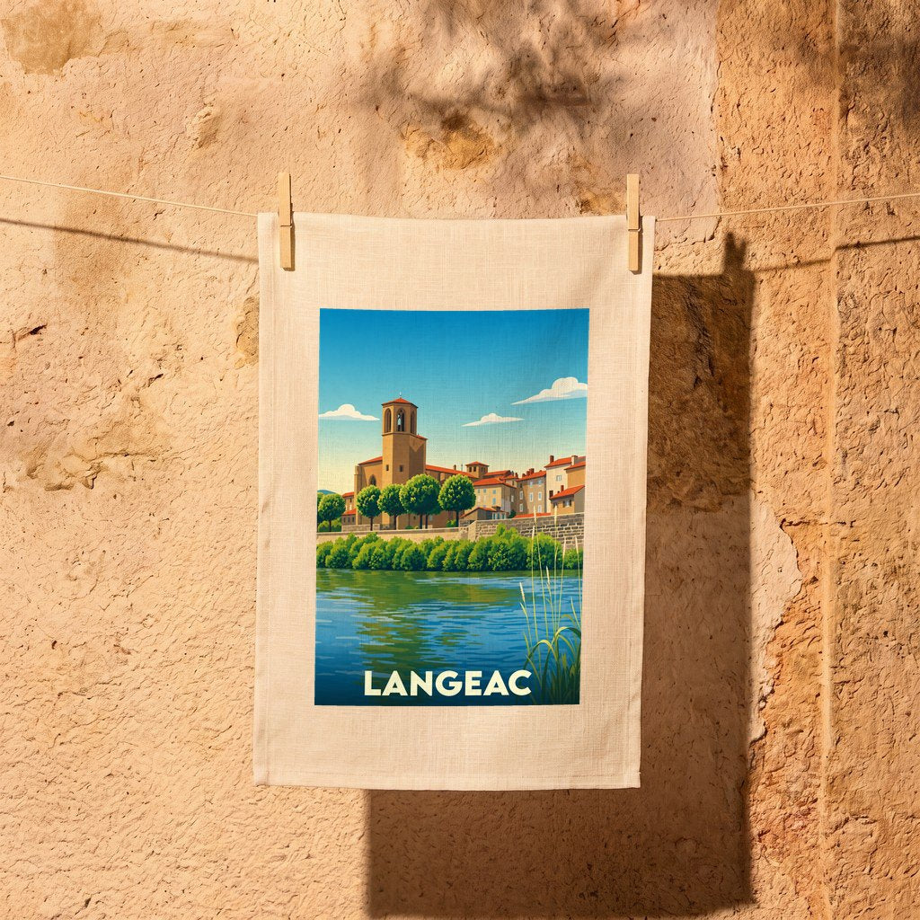 Torchon souvenir de la ville de Langeac orné d'une illustration stylisée du bord de l'Allier.