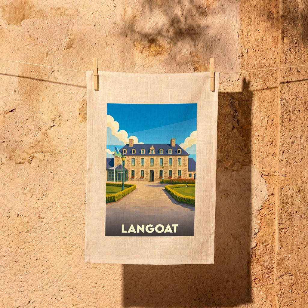 Torchon souvenir de la ville de Langoat avec une illustration stylisée d'un manoir breton.