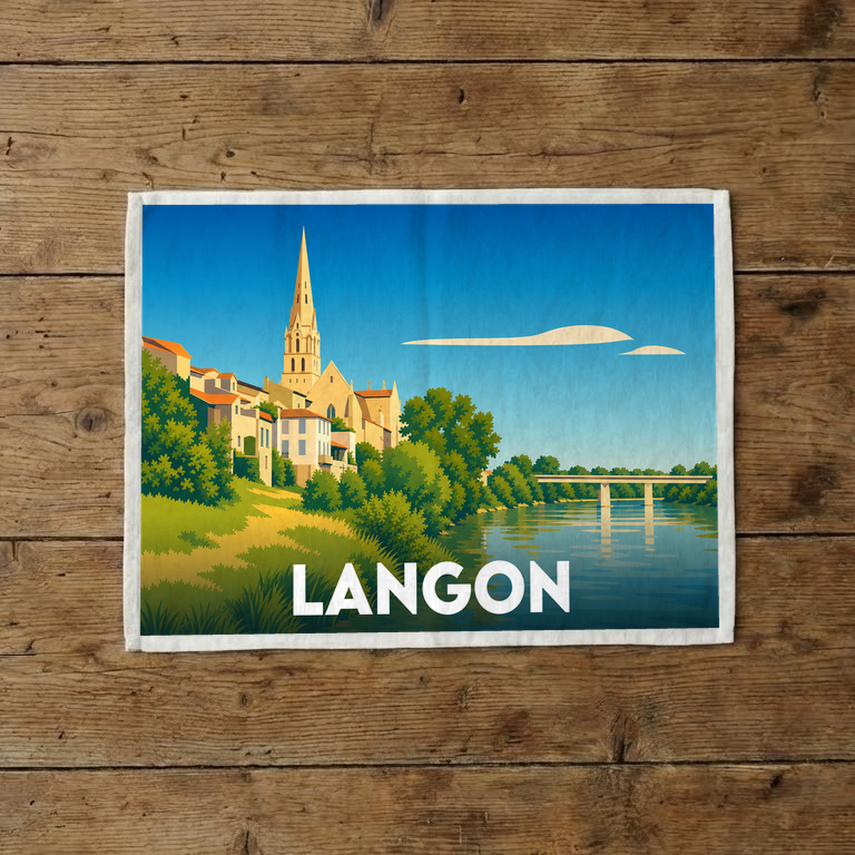 Torchon souvenir de la ville de Langon avec une illustration stylisée représentant l'église et le pont au bord de l'eau.