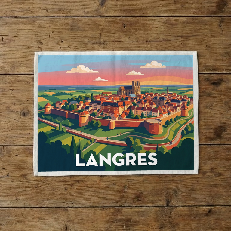 Torchon souvenir de la ville de Langres avec une illustration stylisée.