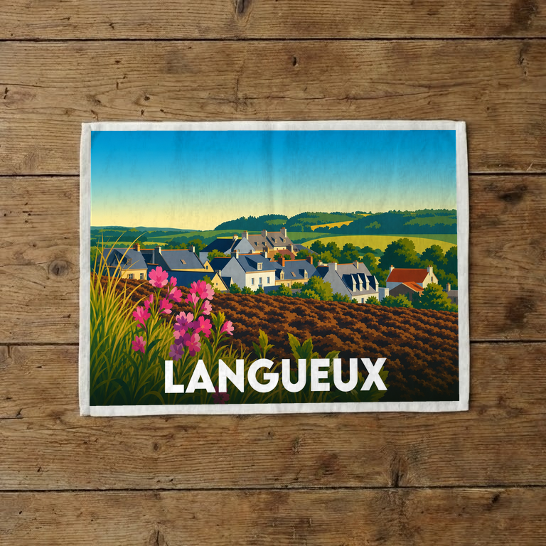 Torchon souvenir de la ville de Langueux avec une illustration stylisée de son paysage vallonné.