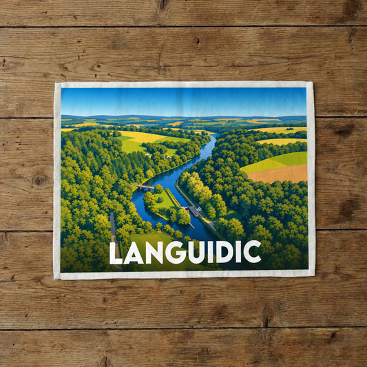 Torchon souvenir de la ville de Languidic avec une illustration stylisée de la vallée du Blavet.