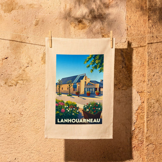 Torchon souvenir de la ville de Lanhouarneau avec une illustration colorée et stylisée de son paysage urbain.