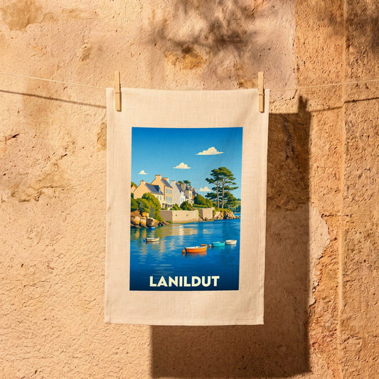 Torchon souvenir de la ville de Lanildut avec une illustration stylisée d'un bord de mer.