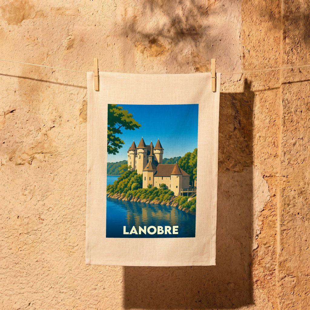 Torchon souvenir de la ville de Lanobre avec une illustration stylisée d'un château en bord de lac.