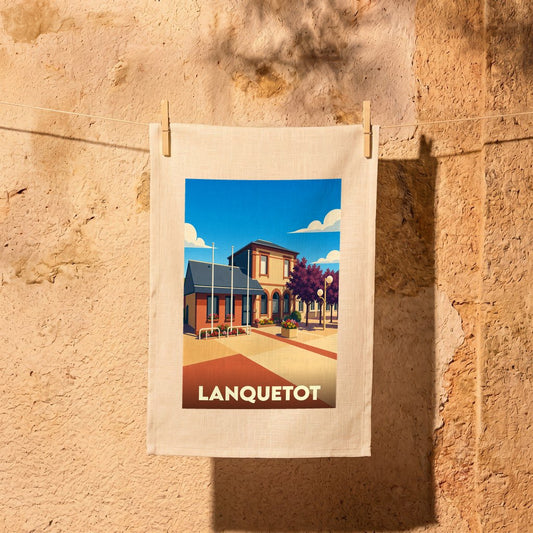 Torchon souvenir de la ville de Lanquetot avec une illustration stylisée.