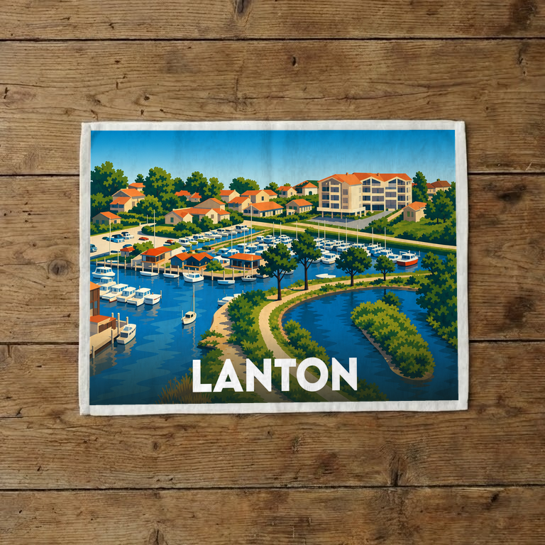 Torchon souvenir de la ville de Lanton illustré d'une vue stylisée de son port de plaisance.