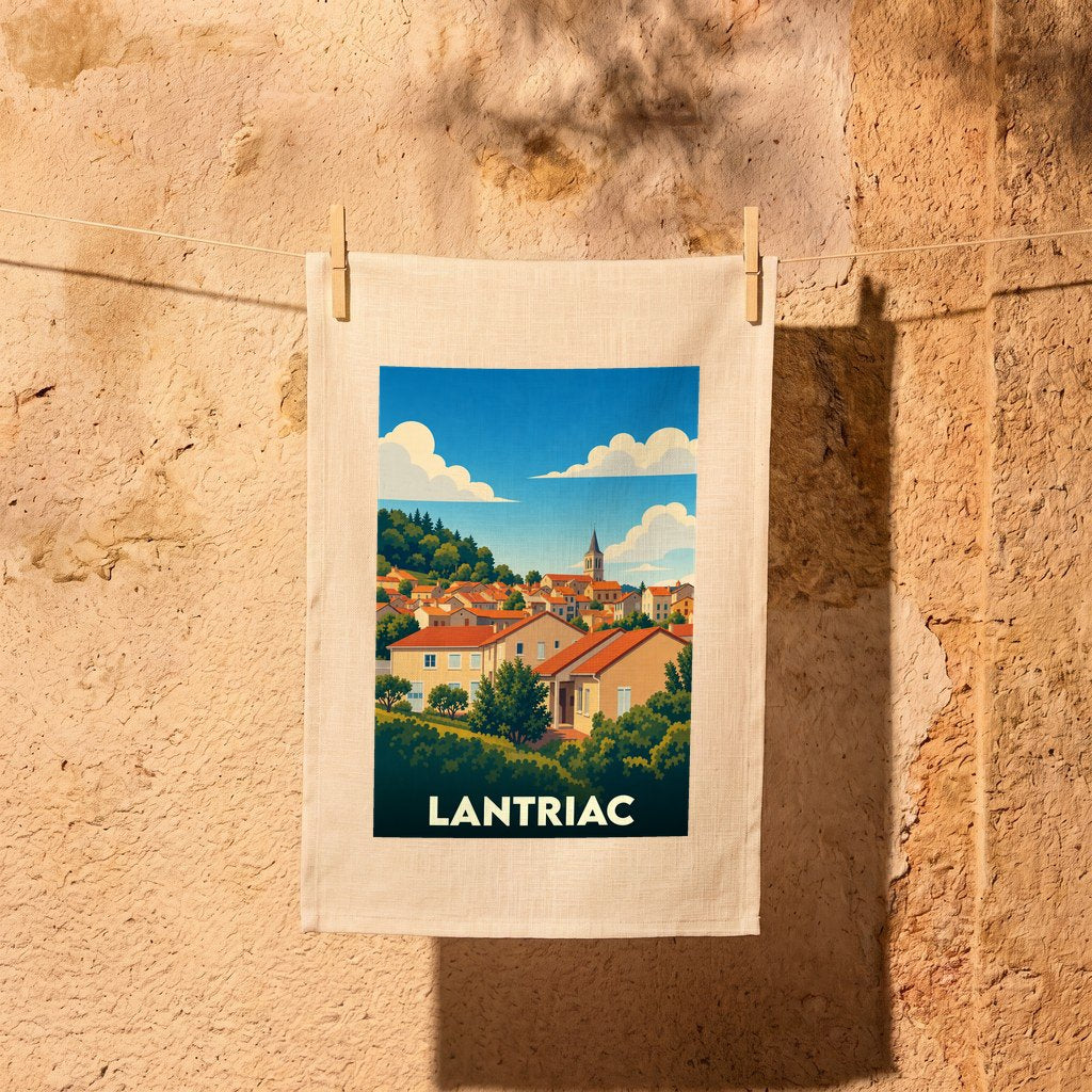 Torchon souvenir de la ville de Lantriac avec une illustration stylisée.