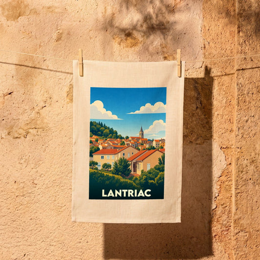 Torchon souvenir de la ville de Lantriac avec une illustration stylisée.