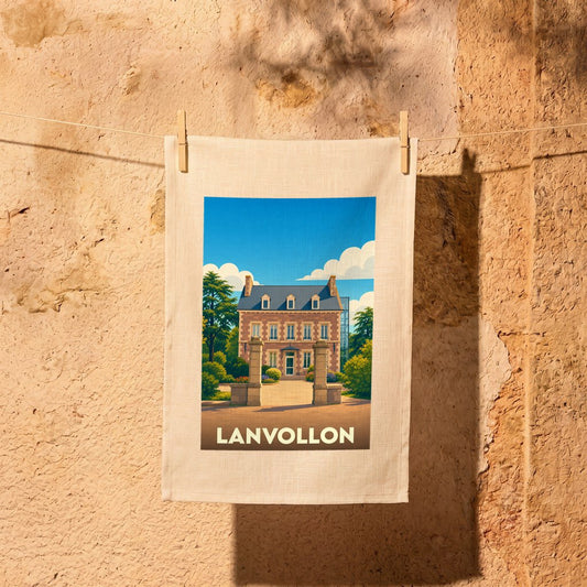 Torchon souvenir de la ville de Lanvollon avec une illustration stylisée d'une bâtisse historique.