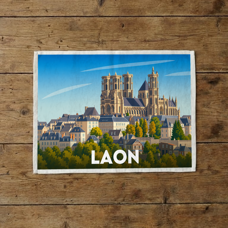 Torchon souvenir de la ville de Laon avec une illustration stylisée de sa cathédrale.
