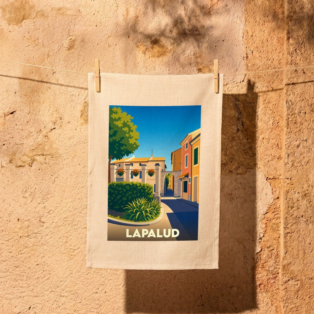 Torchon souvenir de la ville de Lapalud avec une illustration stylisée d'une rue ensoleillée.