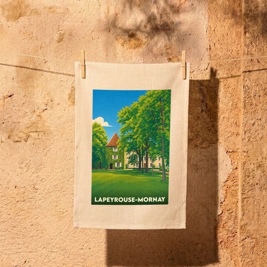 Torchon souvenir de la ville de Lapeyrouse-Mornay avec une illustration stylisée.