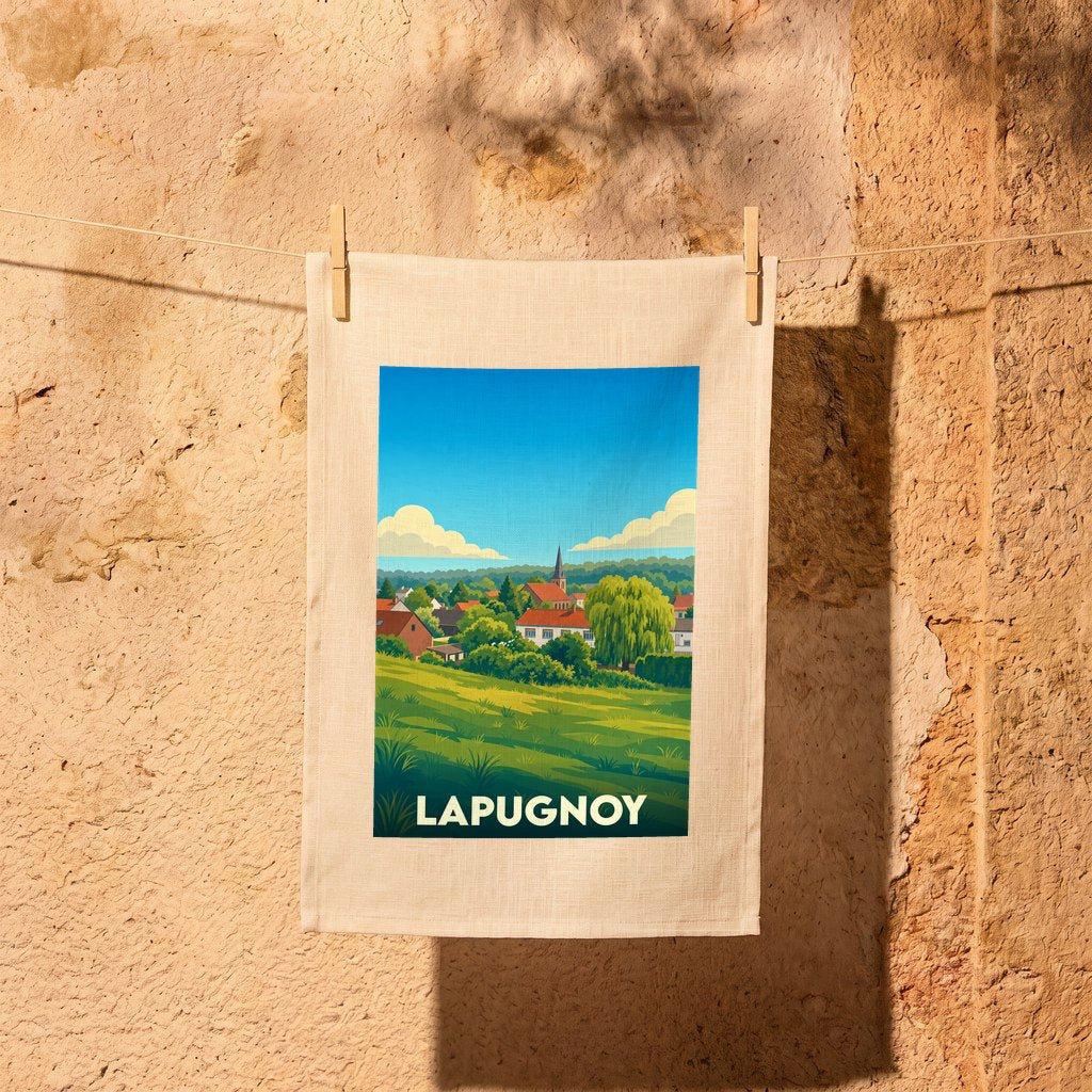 Torchon souvenir de la ville de Lapugnoy avec une illustration stylisée.