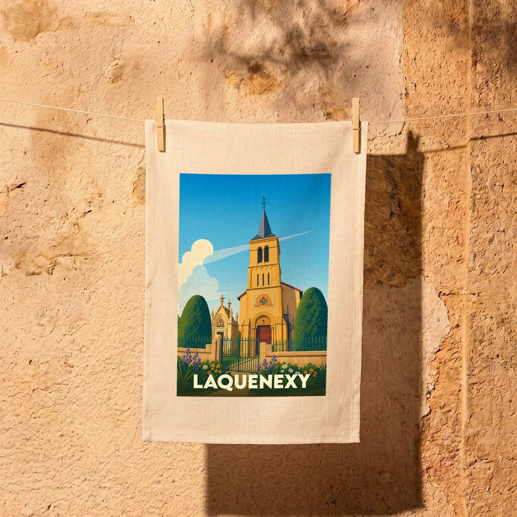 Torchon souvenir de la ville de Laquenexy avec une illustration stylisée de son église.