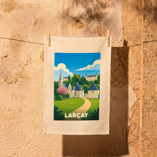 Torchon souvenir de la ville de Larçay avec une illustration stylisée et colorée.