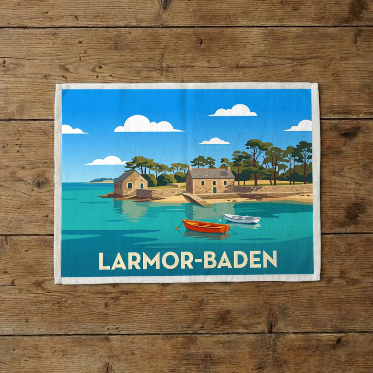 Torchon souvenir de la ville de Larmor-Baden avec une illustration stylisée de son paysage côtier.