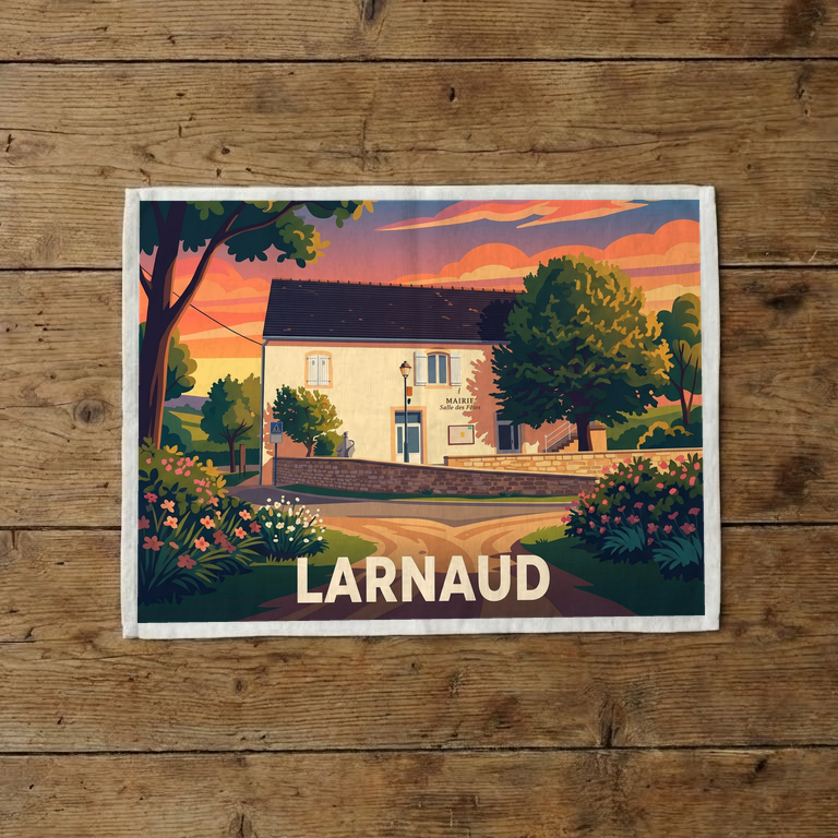 Torchon souvenir de la ville de Larnaud avec une illustration stylisée de sa mairie au coucher du soleil.
