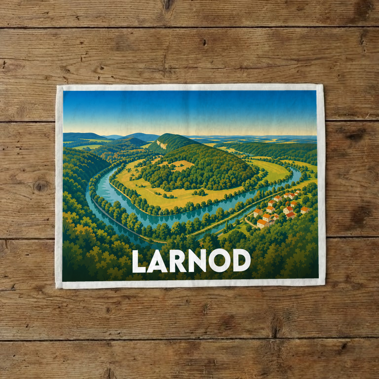 Torchon souvenir de la ville de Larnod avec une illustration stylisée d'un méandre de rivière et de paysages verdoyants.