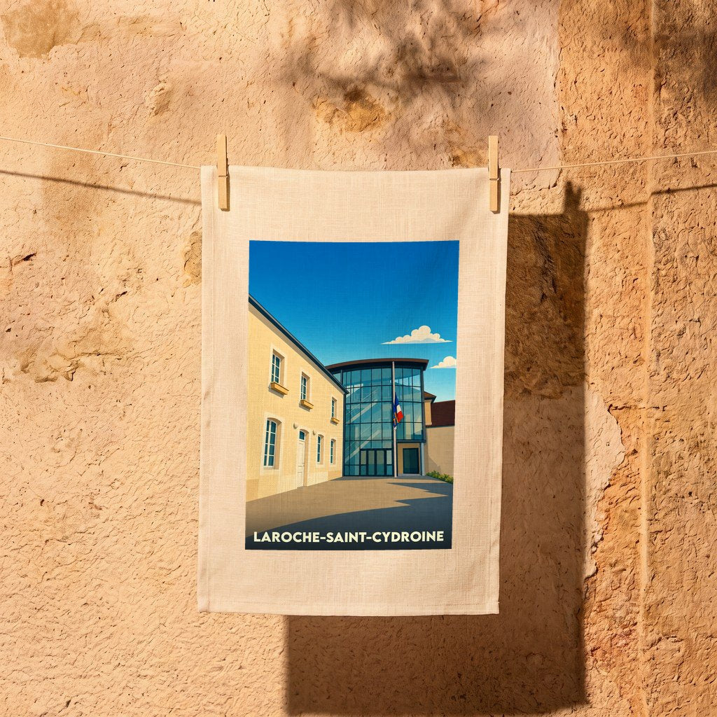 Torchon souvenir de la ville de Laroche-Saint-Cydroine avec une illustration stylisée.