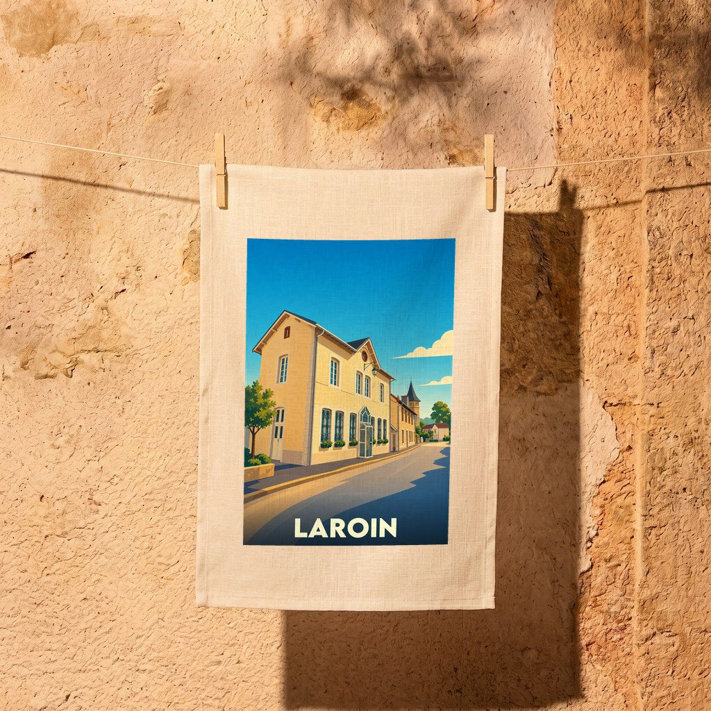 Torchon souvenir de la ville de Laroin avec une illustration stylisée d'une rue ensoleillée.