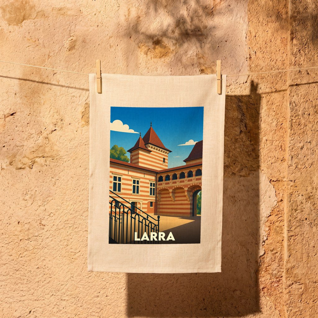 Torchon souvenir de la ville de Larra avec une illustration stylisée de son château.