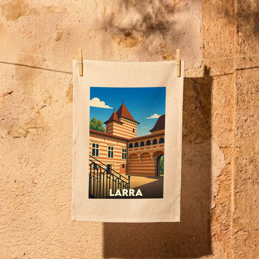Torchon souvenir de la ville de Larra avec une illustration stylisée de son château.