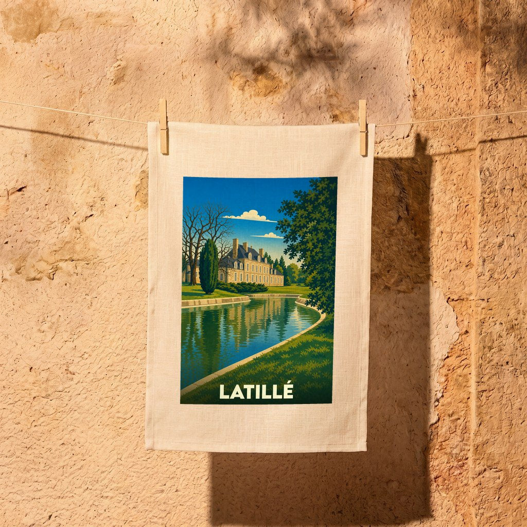 Torchon souvenir de la ville de Latillé avec une illustration stylisée d'un château au bord de l'eau.