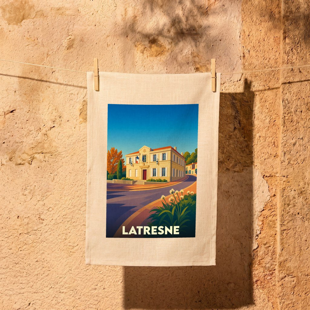 Torchon souvenir de la ville de Latresne avec une illustration stylisée de sa mairie.