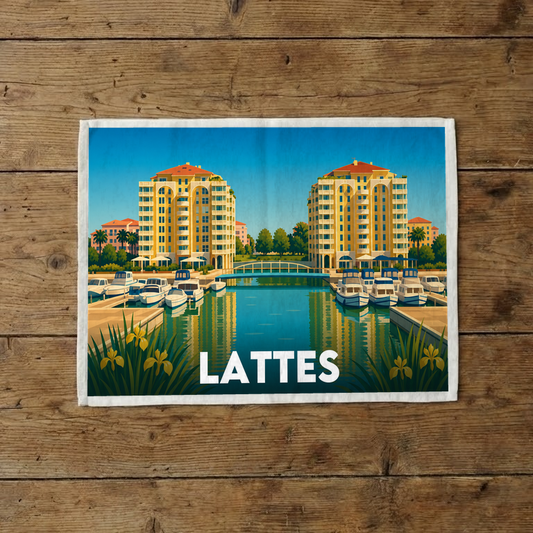 Torchon souvenir de la ville de Lattes avec une illustration stylisée de son port de plaisance.
