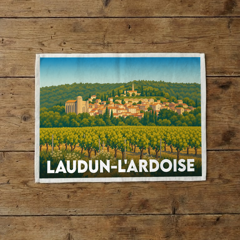 Torchon souvenir de la ville de Laudun-l'Ardoise avec une illustration stylisée d'un vignoble et d'un village perché.