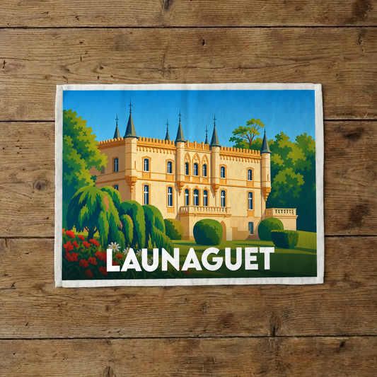 Torchon souvenir de la ville de Launaguet illustré d'un château de style néogothique entouré d'un parc arboré.