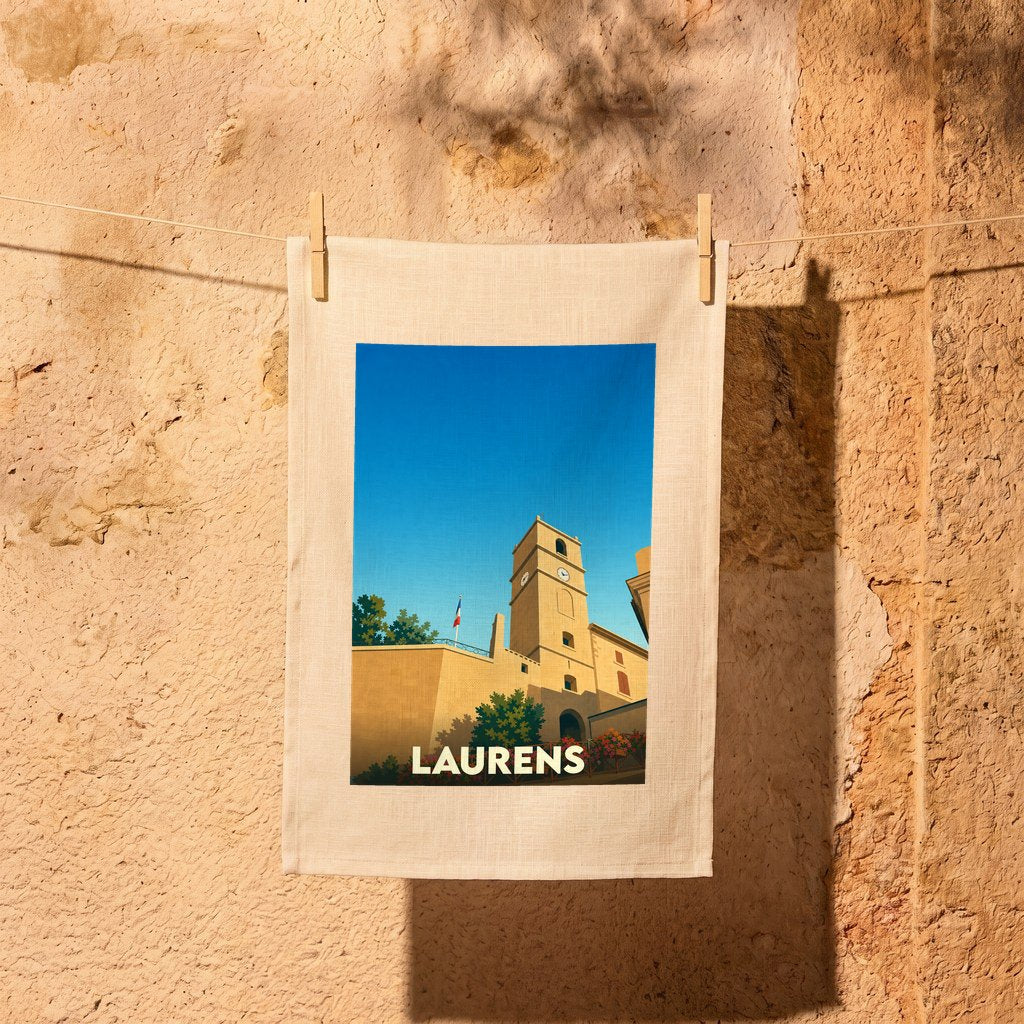Torchon souvenir de la ville de Laurens avec une illustration stylisée.