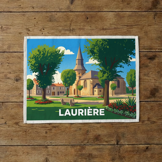 Torchon souvenir de la ville de Laurière avec une illustration stylisée de son église et d'un parc.