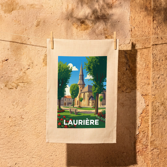 Torchon souvenir de la ville de Laurière avec une illustration stylisée de son église et d'un parc.