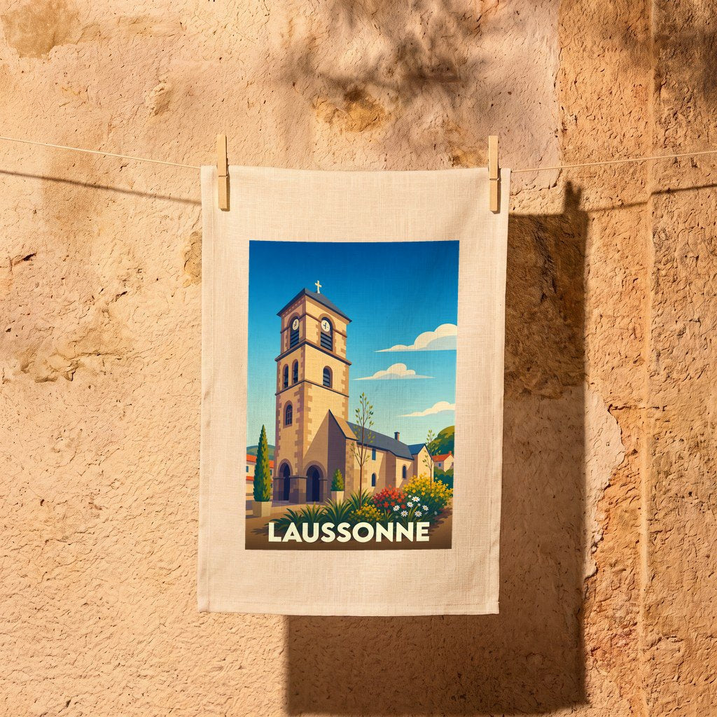 Torchon souvenir de la ville de Laussonne avec une illustration stylisée de son église.