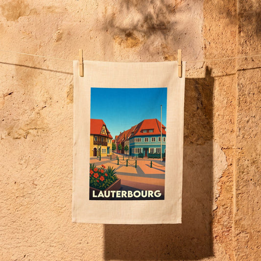 Torchon souvenir de la ville de Lauterbourg avec une illustration stylisée.