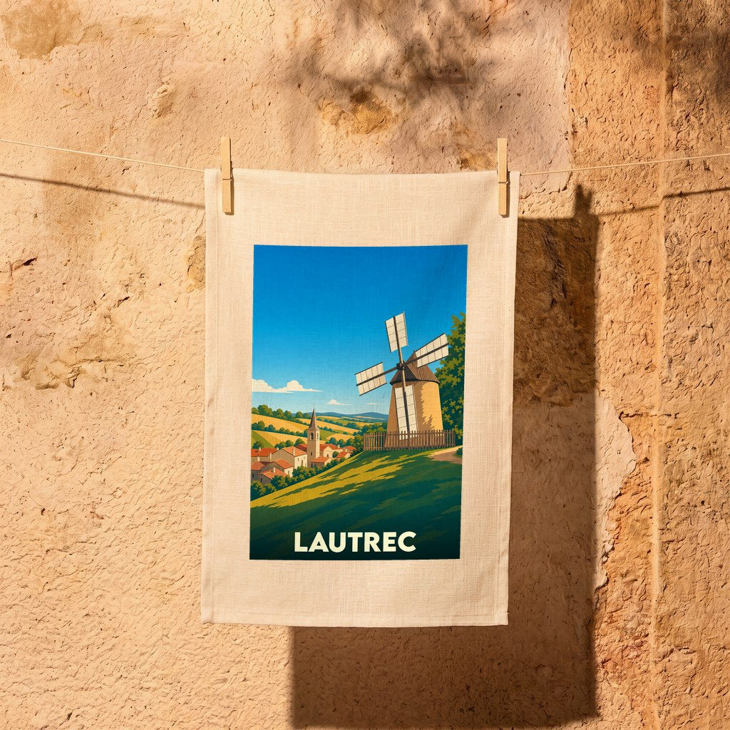 Torchon souvenir de la ville de Lautrec avec une illustration stylisée d'un moulin.