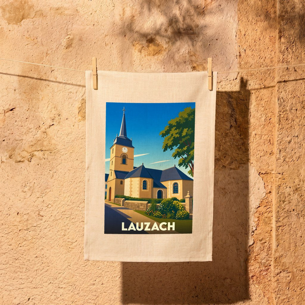 Torchon souvenir de la ville de Lauzach avec une illustration stylisée de son église.