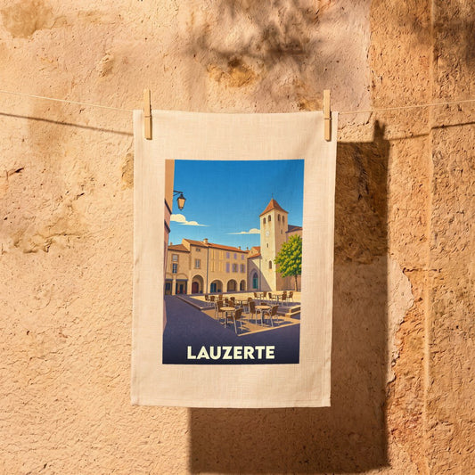 Torchon souvenir de la ville de Lauzerte avec une illustration stylisée d'une place ensoleillée.