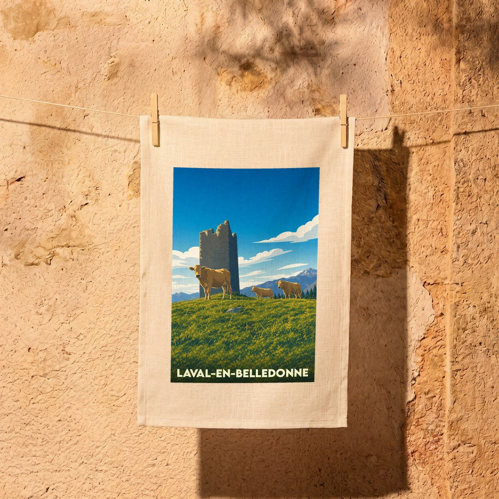 Torchon souvenir de Laval-en-Belledonne illustrant des vaches devant une tour en ruine dans un paysage montagneux.