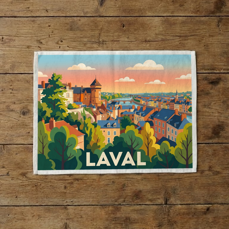 Torchon souvenir de la ville de Laval avec une illustration colorée et stylisée de son paysage urbain.