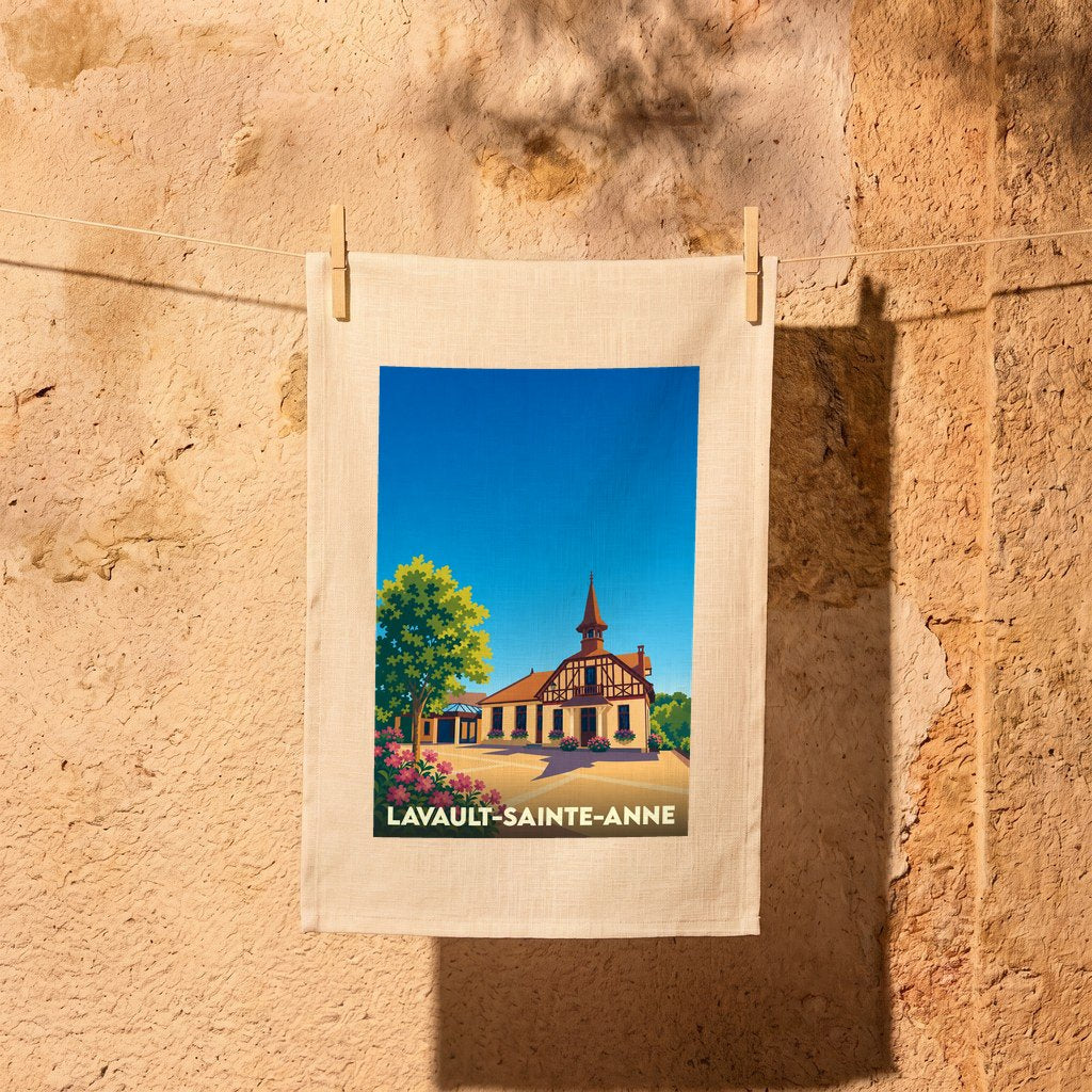 Torchon souvenir de la ville de Lavault-Sainte-Anne avec une illustration stylisée.