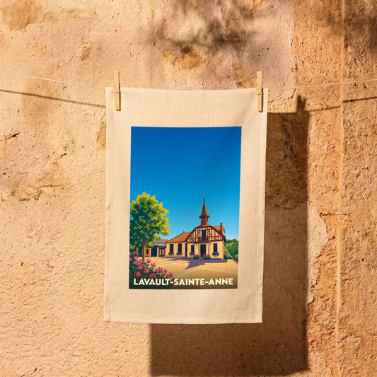 Torchon souvenir de la ville de Lavault-Sainte-Anne avec une illustration stylisée.