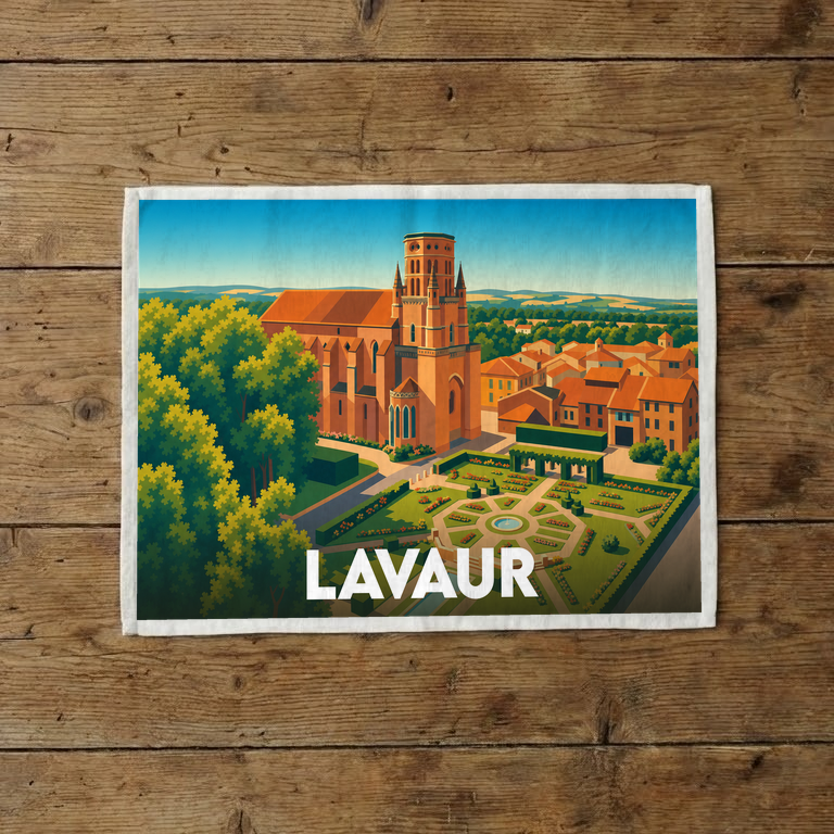 Torchon souvenir de la ville de Lavaur avec une illustration stylisée de sa cathédrale et de ses jardins.
