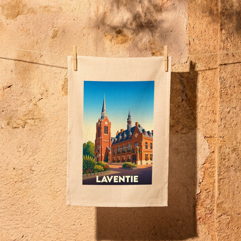 Torchon souvenir de la ville de Laventie avec une illustration stylisée.