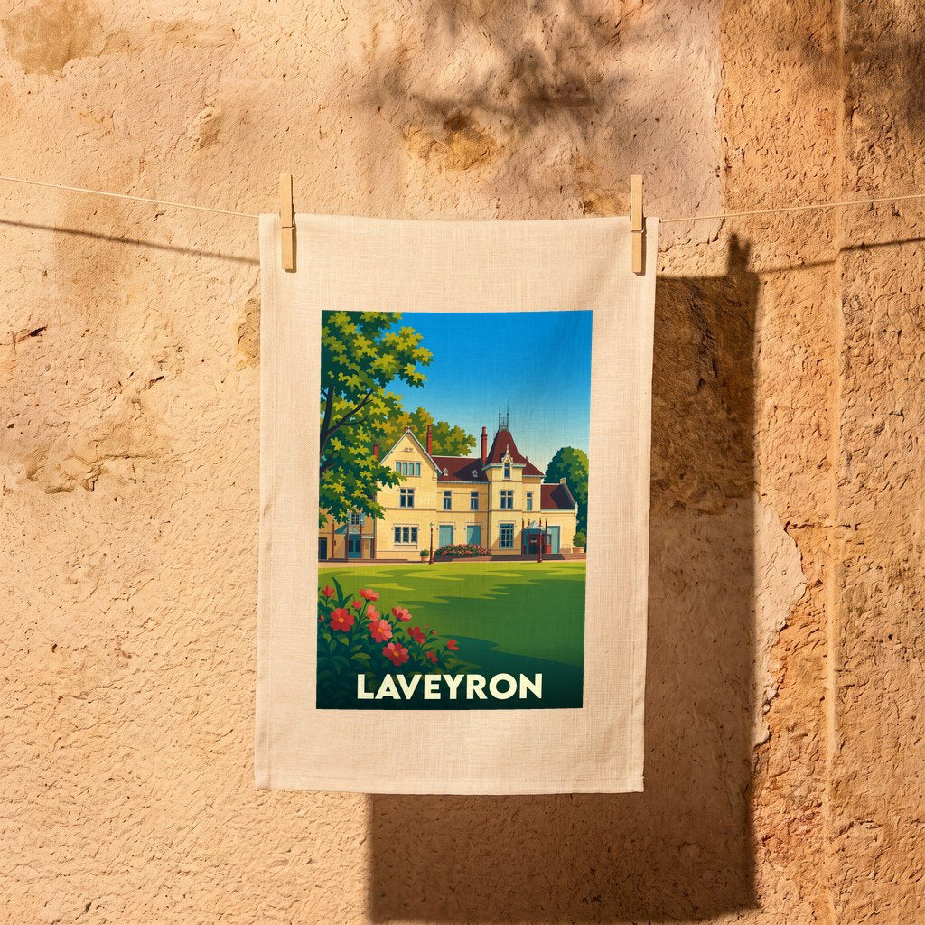 Torchon souvenir de la ville de Laveyron avec une illustration stylisée.