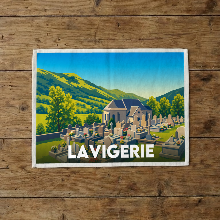 Torchon souvenir de la ville de Lavigerie avec une illustration stylisée de son cimetière et de son paysage montagneux.